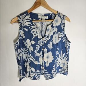 Vintage Pineapple Moon 100% Silk CROP Top Shirt Cropped Hawaiian Floral Size M